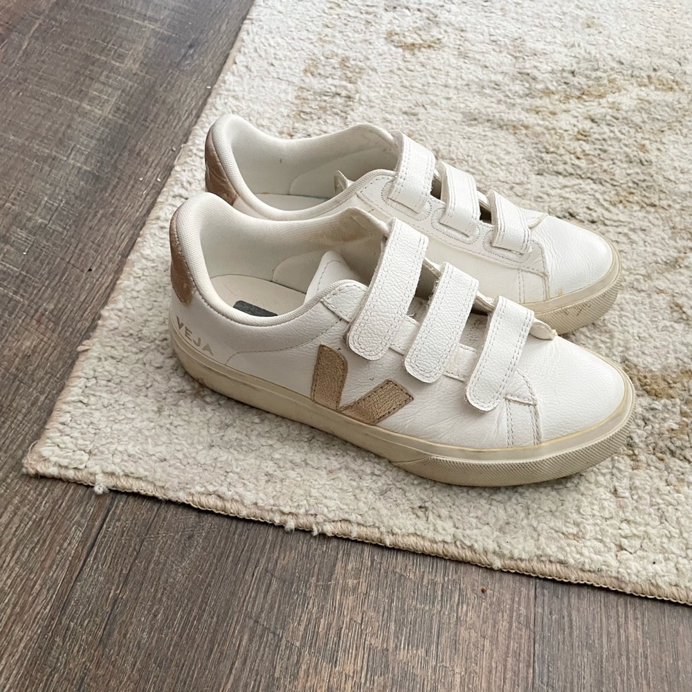 Veja White Sneakers with Tan Accent Velcro Straps